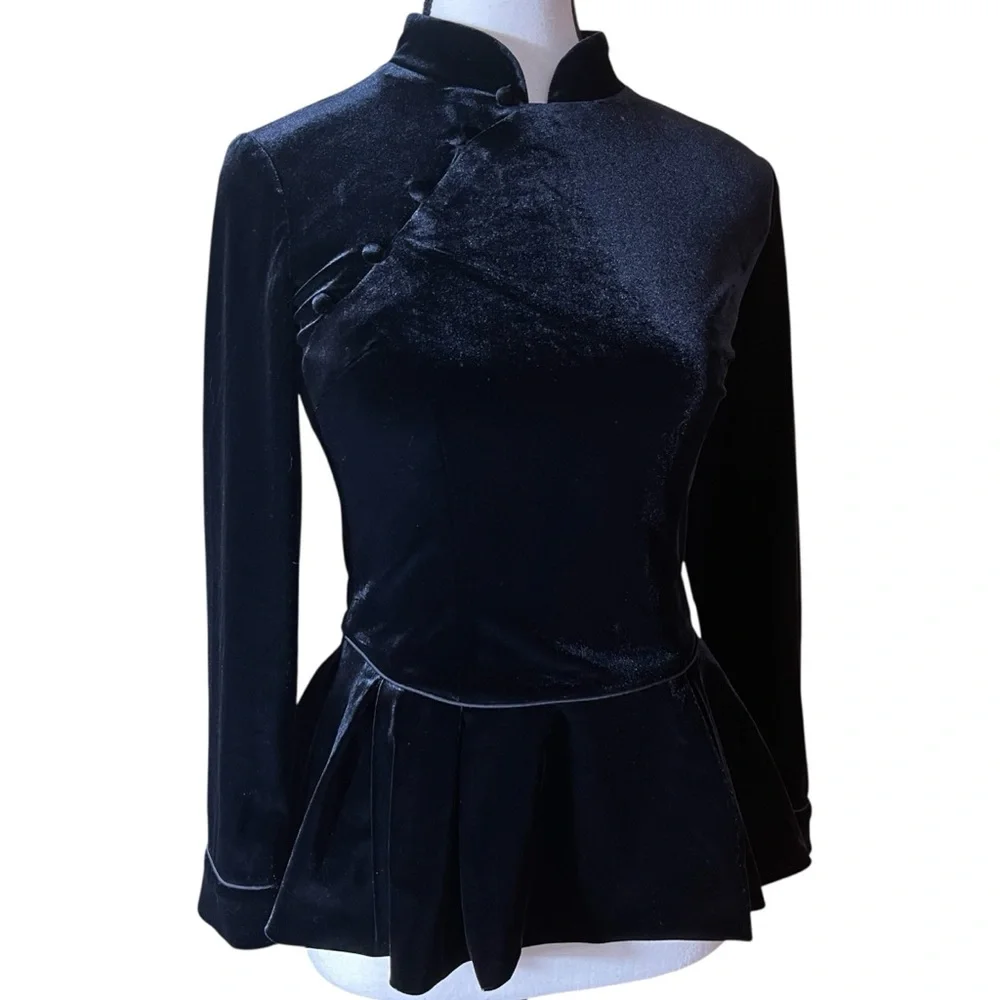 S Black Velvet Mandarin Collar Peplum Top Asian Inspired Back Zip - Picture 2 of 12